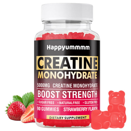 Happyummmm Creatine Monohydrate Gummies 5000mg for Men & Women, Chewables Creatine Monohydrate for Muscle Strength, Muscle Builder, Energy Boost, Pre-Workout Supplement(90 Count)-Strawberry