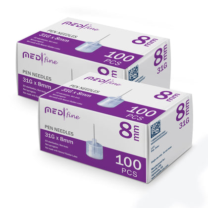 Medt - Fine Insulin Pen Needles (31G 8 mm) - Diabetic Needles for Insulin Injections, Ultra Fine Compatible with Most Diabetes Pens - 100 Ct, Pack of 2