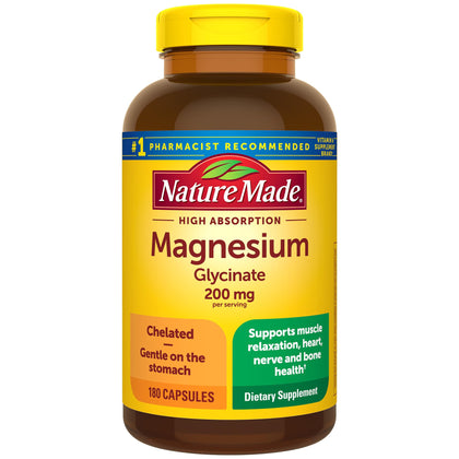 Nature Made Magnesium Glycinate 200 mg per serving, Magnesium Supplement for Muscle, Heart, Nerve and Bone Support, 180 Magnesium Bisglycinate Capsules, 90 Day Supply