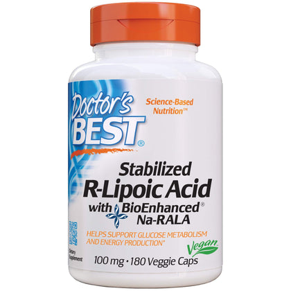 Doctor's Best Stabilized R-Lipoic Acid with BioEnhanced Na-RALA, Helps Support Glucose Metabolism and Energy Production* Non-GMO, Gluten Free, Vegan, 100 mg, 180 Count