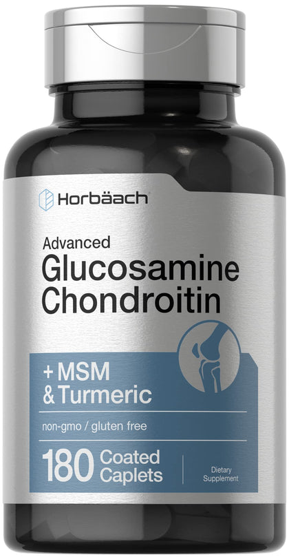 Horbäach Glucosamine Chondroitin MSM | Plus Turmeric | 180 Coated Caplets | Non-GMO, Gluten Free Supplement