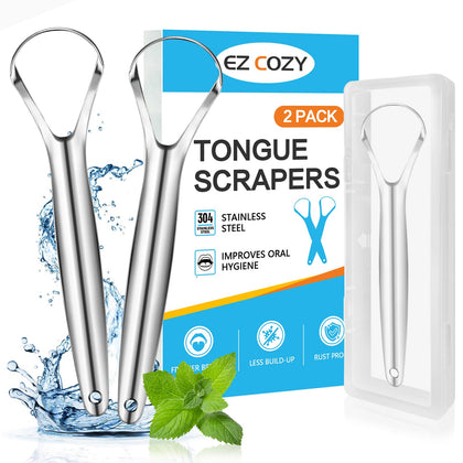 EZ COZY 2 Pack Metal Tongue Scraper for Adults, Stainless Steel Tongue Cleaner with Travel Case, Reusable Tongue Scraper for Oral Care