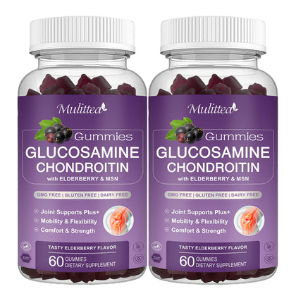 Mulittea Glucosamine Chondroitin Gummies - Extra Strength Joint Support Supplement with MSM & Elderberry for Natural Joint, Antioxidant Immune Support for Adults, Men & Women-(2 Pack)