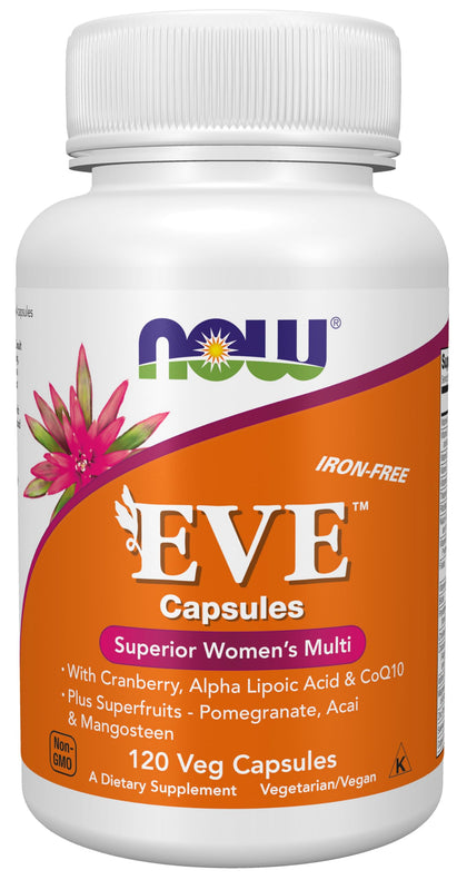 NOW Foods Supplements, Eve™ Women's Multivitamin with Cranberry, Alpha Lipoic Acid and CoQ10, plus Superfruits - Pomegranate, Acai & Mangosteen, Iron-Free, 120 Veg Capsules