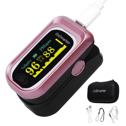 Rechargeable Pulse Oximeter Fingertip. Oxygen Monitor Fingertip with Blood Oxygen Saturation (spo2) Pusle Rate & PI. O2 Pulse Oximeter Finger with charging cable& carry bag & lanyard (Pink)