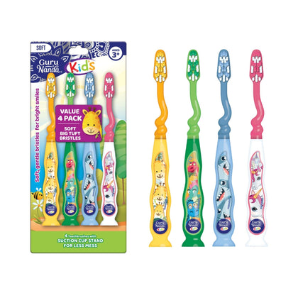 GuruNanda Kids Toothbrush with Suction Cup & Fun Animal Designs - Soft Bristles for Healthy Gums- Non-Slippery & Mess-Free Toothbrush, 3+ Age- 4 Count