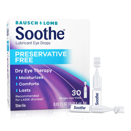 Soothe Preservative Free Lubricant Eye Drops, Long-Lasting Dry Eye Relief, Moisturizing & Comforting, Suitable for Sensitive Eyes, Single Use Vials, 30 Count