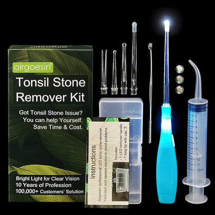 Airgoesin™ Upgraded Tonsil Stone Remover Tool, Blue, 5 Tips, Tonsillolith Pick Case + 1 Irrigator Fresh Breath Oral Rinse