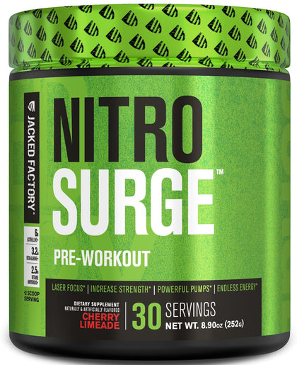 Jacked Factory NITROSURGE Pre Workout Supplement - Endless Energy, Instant Strength Gains, Clear Focus, Intense Pumps - NO Booster & Preworkout Powder with Beta Alanine - 30 Servings, Cherry Limeade