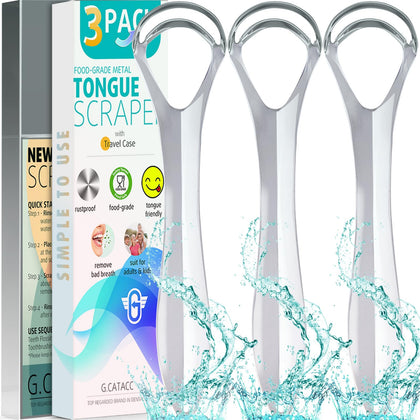 G.CATACC 3-Pack Tongue Scraper, Stainless Steel Tongue Scraper for Adults & Kids, Metal Tongue Scraper with Travel Case - 100% Remove Bad Breath