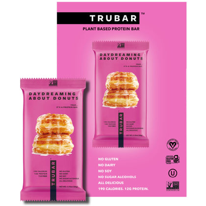 TRUBAR Vegan Protein Bar, Daydreaming About Donuts, Gluten Free, Plant Based Protein, Dairy Free, Non GMO, Soy Free, No Sugar Alcohols, 12G Protein, 12G Fiber, 23G Carb, On the Go Snack Bars, 12 CT