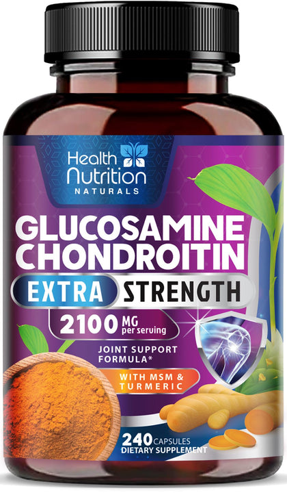 Glucosamine Chondroitin Supplements MSM Complex - Joint Support with Turmeric, Boswellia, Quercetin for Joints, Back, Hands, Bones, Knees & Mobility, Triple Strength Glucosamine Sulfate - 240 Capsules