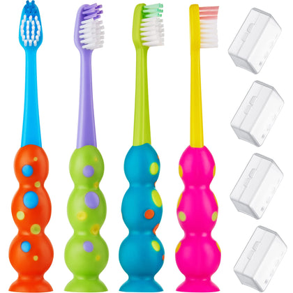 Kids Toothbrush 4 Pack - Soft Bristles with Suction Cup - Toothbrush Kids, Child Sized Brush Heads (3-10 Year Old) Kid Toothbrush with Easy Storage - Toddler, Girl & Boy Set (4-Pack, Multi-Color)