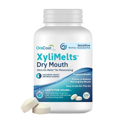 OraCoat XyliMelts® Dry Mouth Relief Oral Adhering Discs, Sensitive with Xylitol, For Dry Mouth, Stimulates Saliva, Non-Acidic, Day and Night Use, Time Release for up to 8 Hours, 100 Count