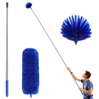 ZZ LAZYCOTTAGE Ceiling Fan Duster with Extension Pole, Cobweb & Corner Brush Cleaning Kit w 2 Duster Heads for Cleaning,15-100 Inch Long Handle Aluminum Telescoping Pole, Washable?Blue?