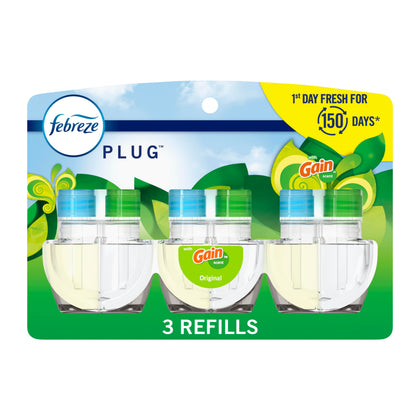 Febreze Plug in Air Fresheners, Gain Original Scent, Odor Eliminator for Strong Odors, Scented Oil Refill (3 Count)