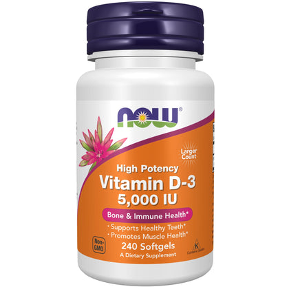 NOW Foods Supplements, Vitamin D-3 5,000 IU, High Potency, Structural Support*, 240 Softgels