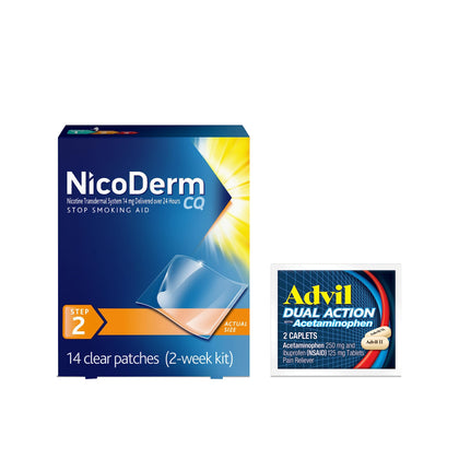 NicoDerm CQ Step 2 Nicotine Patches to Quit Smoking - 14 mg, Stop Smoking Aid, 14 Count, Plus Advil Dual Action Coated Caplets with Acetaminophen, 2-Count