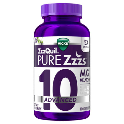 ZzzQuil Pure Zzzs, Advanced 10mg Melatonin Gummies, Sleep Aid, Berry Flavored, with Chamomile & Lavender, Fall Asleep Fast, Drug-Free, Non-Habit Forming, 100ct