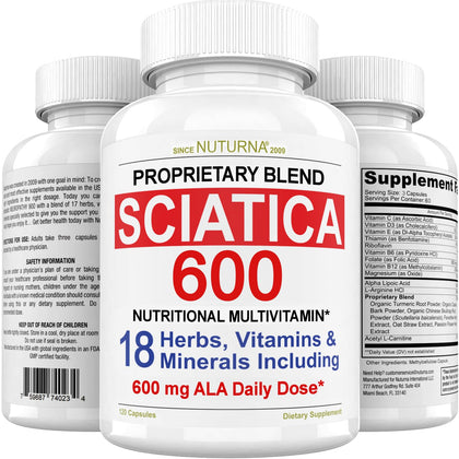 Sciatic Nerve Relief Support Formula Supplement with 600 mg Alpha Lipoic Acid - 18 in 1 Sciatica Nerve Formula for Lower Back, Hip, Lumbar, Leg, Foot Turmeric Curcumin - 120 Pills Made in The USA