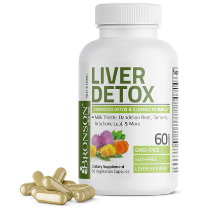 Bronson Liver Detox Advanced Detox & Cleansing Formula Supports Health Liver Function with Milk Thistle, Dandelion Root, Turmeric, Artichoke Leaf & More, Non-GMO, 60 Vegetarian Capsules