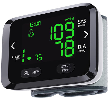 Blood Pressure Monitor Wrist Automatic BP Machine Adjustable Cuff 198 Memory Readings Large Backlit LCD Display with Carrying Storage Bag for Home Use