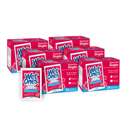 Wet Ones Antibacterial?Hand Wipes Singles,?Fresh Scent Wipes | Individual Wipes, Antibacterial Wipes, Hand Wipes Individually Wrapped?| 24 ct. (6 pack)