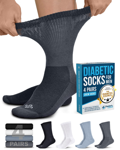 Doctor's Select Diabetic Socks for Men - 4 Pairs Crew Neuropathy Socks for Men | Black, White, Light Gray, Gray | Diabetic Socks for Men 9-12 | Moisture Management