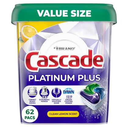 Cascade Platinum Plus Dishwasher Pods, Dish Detergent ActionPacs, Clean Lemon, 62 Count