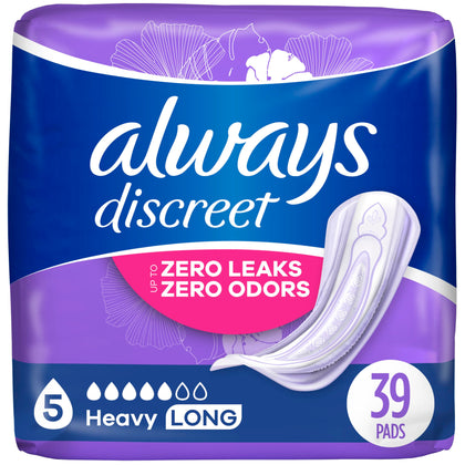 Always Discreet, Incontinence Pads for Women, Maximum, Long Length (Packaging May vary), Purple, 39 Count