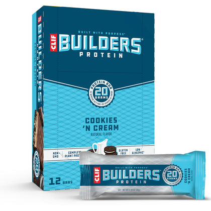 CLIF Builders - Cookies 'n Cream Flavor - Plant Based Protein Bars - Gluten Free - Non-GMO - Low Glycemic - 20g Protein - 2.4 oz. (12 Count)