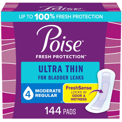 Poise Ultra Thin Incontinence Pads & Postpartum Incontinence Pads, 4 Drop Moderate Absorbency, Regular Length, 144 Count (3 Packs of 48), Packaging May Vary