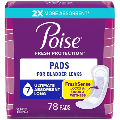 Poise Incontinence Pads & Postpartum Incontinence Pads, 7 Drop Ultra Absorbency, Long Length, 78 Count, Packaging May Vary