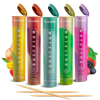 PurePix QuitPix to Help Quit Smoking Extra Thick Boosting Flavored Toothpicks with Lobelia - Oral Fixation - Nicotine Free Toothpicks - 5 Flavors Kosher Variety Pack