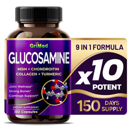 GriMed Glucosamine 12,000mg - X12 Power with MSM, Chondroitin, Collagen, Turmeric for Joint Wellness, Strong Bones, Cartilage Support - USA Made & Tested