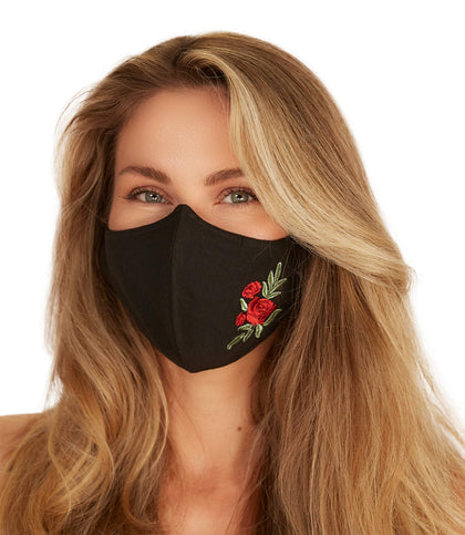 Washable Face Mask with Adjustable Ear Loops & Nose Wire - 3 Layers, Made in USA (Rose Embroidery)