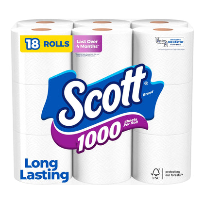 Scott 1000 Toilet Paper, 18 Rolls, Septic-Safe, 1-Ply Toilet Tissue