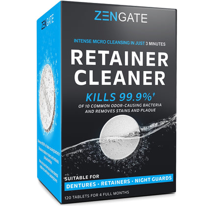 ZENGATE Retainer Cleaner Tablets - Quick 3-Minute Clean for Dentures, Mouth Guards, Aligners, and Night Guards - 120 Dental Cleansing Tablets - FSA HSA Approved Dental Appliance Cleanser