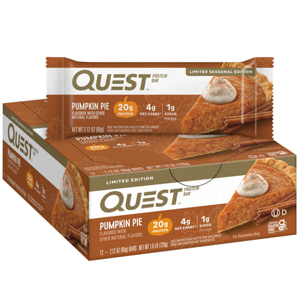 Quest Nutrition Pumpkin Pie Protein Bar, 20g Protein, 4g Net Carb, 1g Sugar, Gluten Free, 12 Count