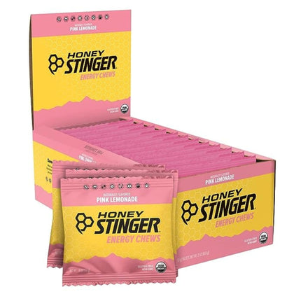 Honey Stinger Organic Pink Lemonade Energy Chew | Gluten Free & Caffeine Free | for Exercise, Running and Performance | Sports Nutrition for Home & Gym, Pre and Mid Workout | 12 Pack, 21.6 Ounce