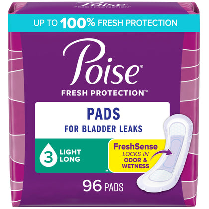 Poise Incontinence Pads & Postpartum Incontinence Pads, 3 Drop Light Absorbency, Long Length, 96 Count (4 Packs of 24), Packaging May Vary