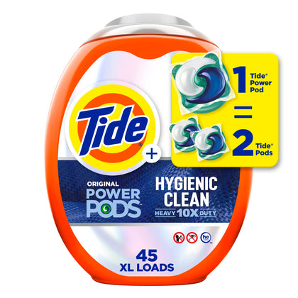 Tide Power PODs Hygienic Clean Heavy Duty Liquid Laundry Detergent Pacs HE Compatible 45 Count Hypoallergenic Free and Clear of Dyes and Perfumes For Visible and Invisible Dirt