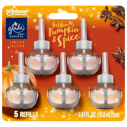 Glade PlugIns Refills Air Freshener, Scented and Essential Oils for Home and Bathroom, Golden Pumpkin & Spice, Limited Edition Scent, 3.35 Fl Oz, 5 Count