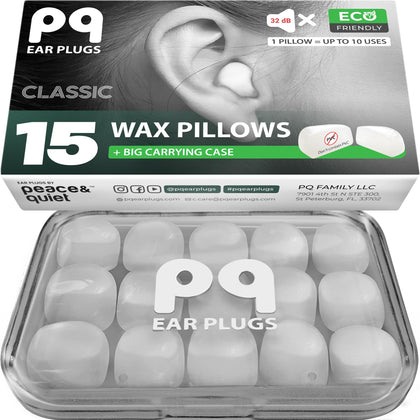 PQ Wax Ear Plugs for Sleeping, Swimming - 15 Soft Noise Cancelling Silicone Gel Wax Earplugs for Sleep and Swimmers, Ear Protection with Sound Blocking Level of 32 Db, (15-Pillows), Color: White