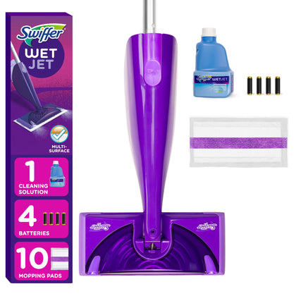 Swiffer WetJet Hardwood and Floor Spray Mop, All-in-One Mopping Cleaner Starter Kit, Includes: 1 WetJet, 10 Pads, 1 Cleaning Solution & 4 Batteries