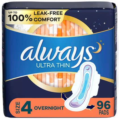 Always Ultra Thin Overnight Pads with Wings, Size 4, Overnight, 96 Count