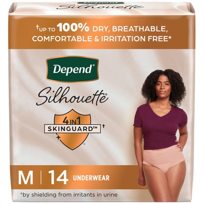 Depend Silhouette Adult Incontinence & Postpartum Bladder Leak Underwear for Women, Maximum Absorbency, Medium, Pink, 14 Count, Packaging May Vary