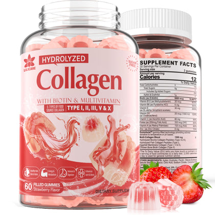 Sugar-Free Hydrolyzed Collagen Peptide Filled Gummies,Extra Strength 1500mg Protein Type I,II,III,V,X with 5000mcg Biotin Vitamin C A E D3 B6 B12 for Immune Digestion Skin Hair Nails Energy Bone Joint