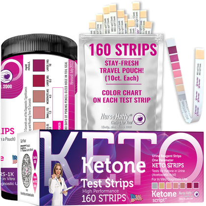 Nurse Hatty 160ct Ketone Urine Test Strips COMPLETE KIT | XL Strips | Urinalysis Ketogenic, Ketosis, Low-carb, Paleo, Adkins & Keto Diets | Test Tube, Travel Pouch & Color Chart on Each Strip | Unisex