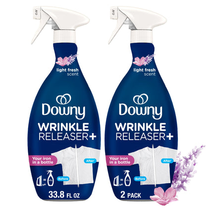 Downy Wrinkle Releaser Spray, All In One Wrinkle Release Spray, Odor Eliminator, Static Remover, Fabric Refresher & Ironing Aid for Clothes, 33.8 Fl Oz (Pack of 2), Light Fresh Scent